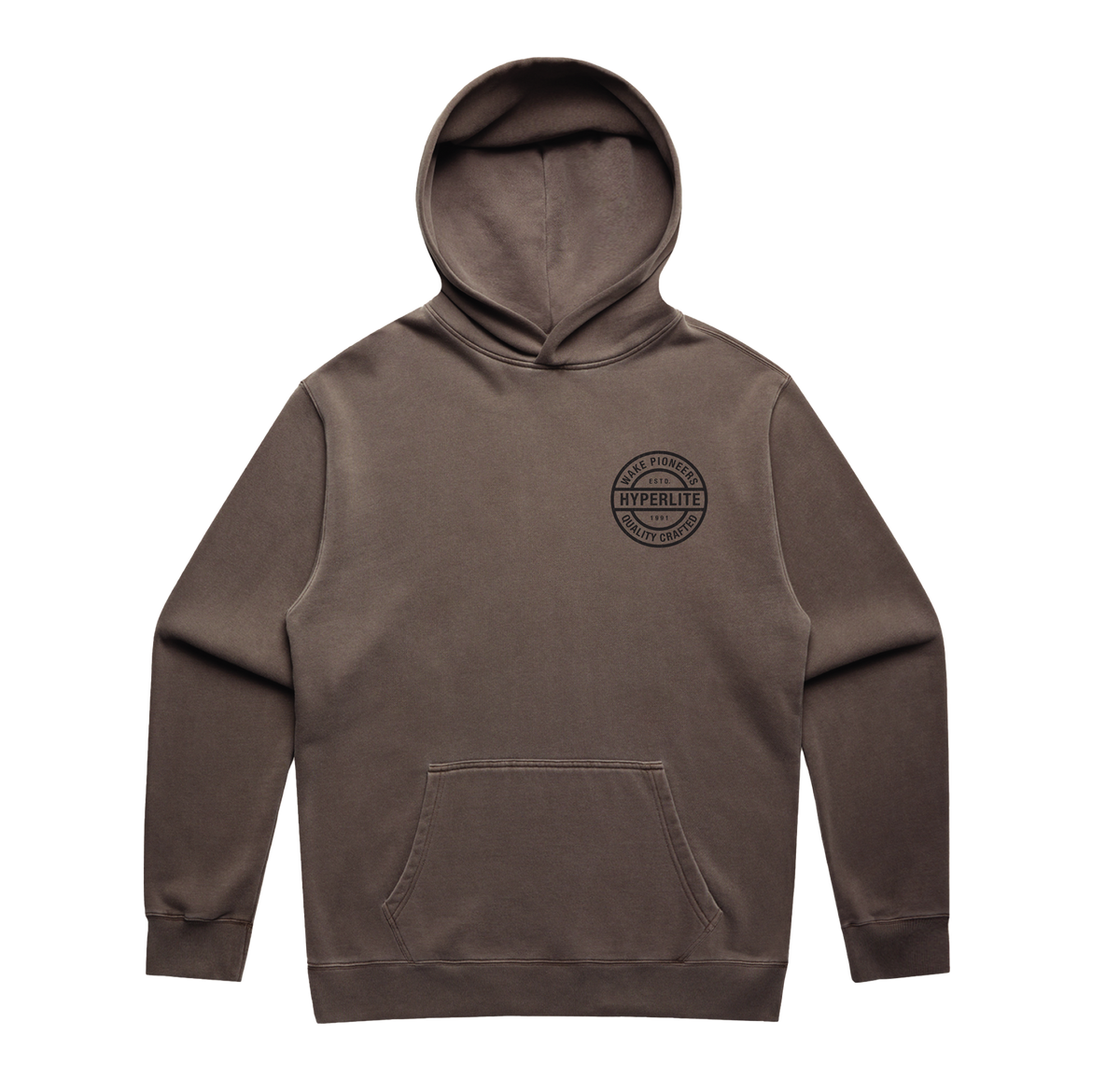 Front view of the Pioneers Hoodie in faded grey with a small chest logo and kangaroo pocket.