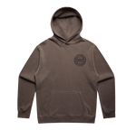 Front view of the Pioneers Hoodie in faded grey with a small chest logo and kangaroo pocket.