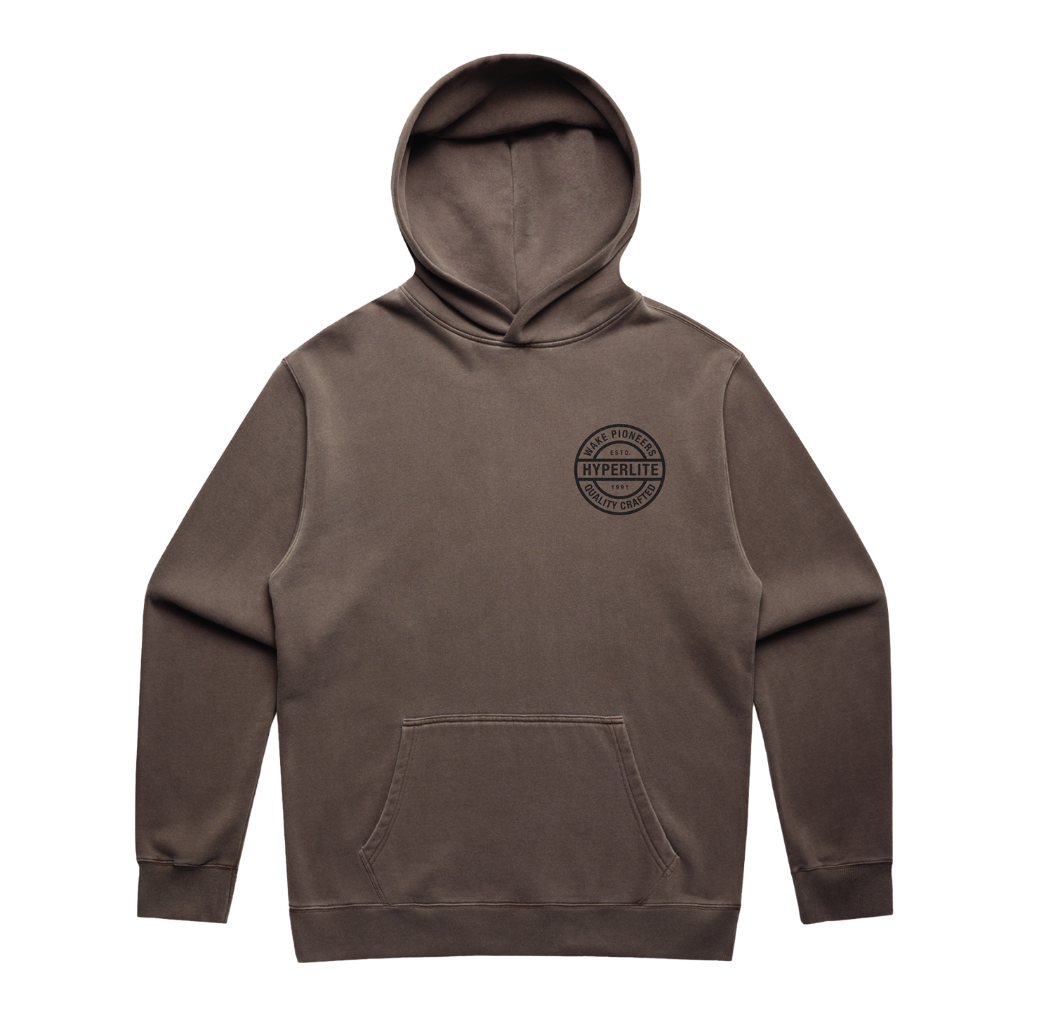 Front view of the Pioneers Hoodie in faded grey with a small chest logo and kangaroo pocket.
