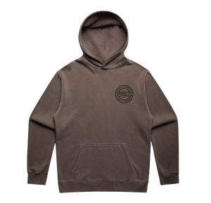 Front view of the Pioneers Hoodie in faded grey with a small chest logo and kangaroo pocket.