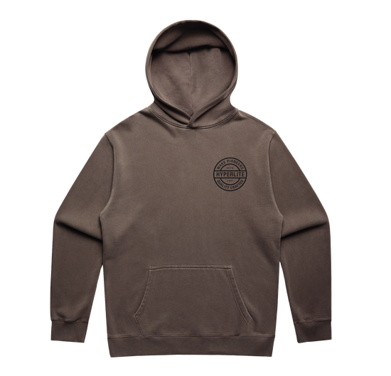 Front view of the Pioneers Hoodie in faded grey with a small chest logo and kangaroo pocket.