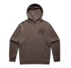 Front view of the Pioneers Hoodie in faded grey with a small chest logo and kangaroo pocket.
