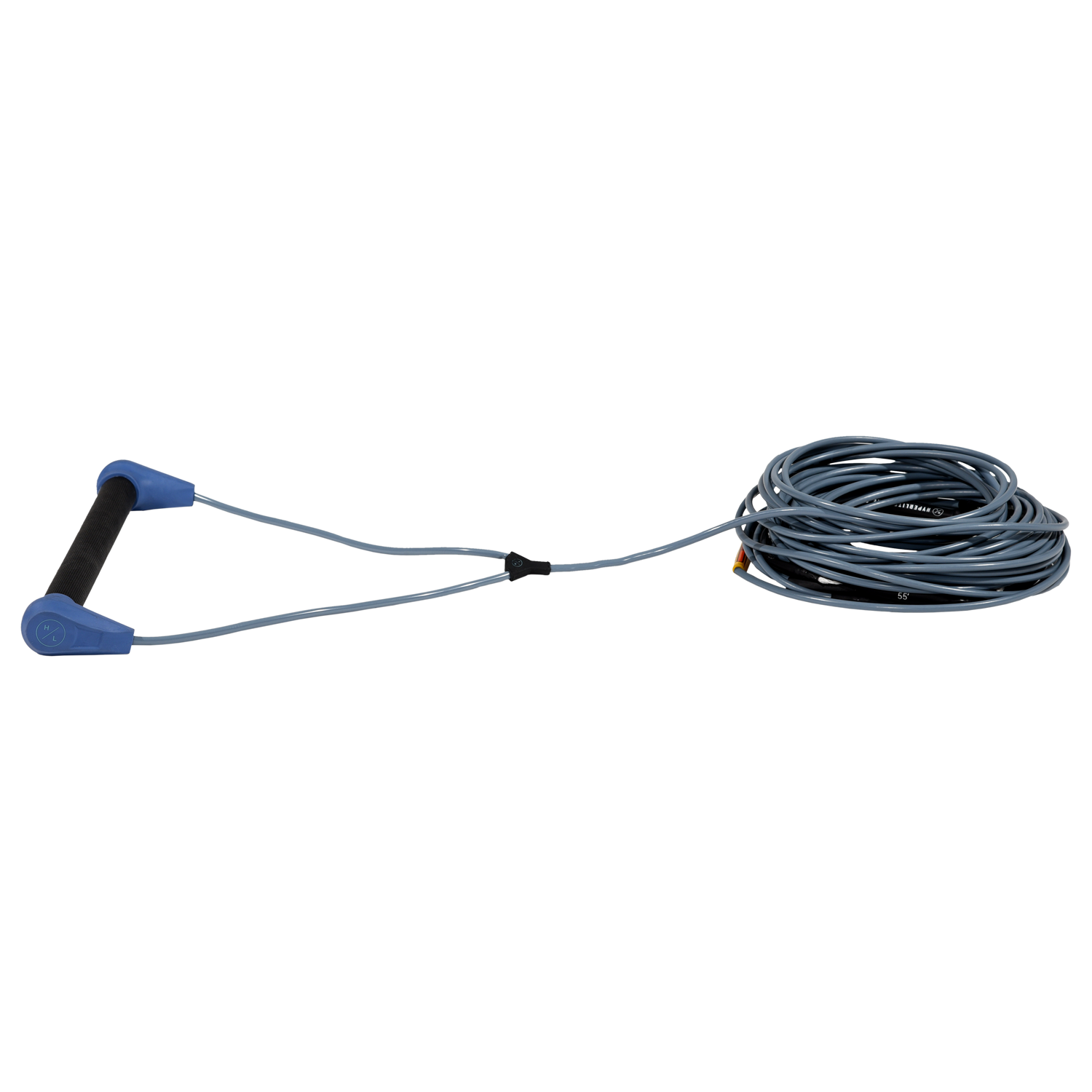 Angled view of Progression Series handle with black grip, blue end caps, and coiled blue rope.