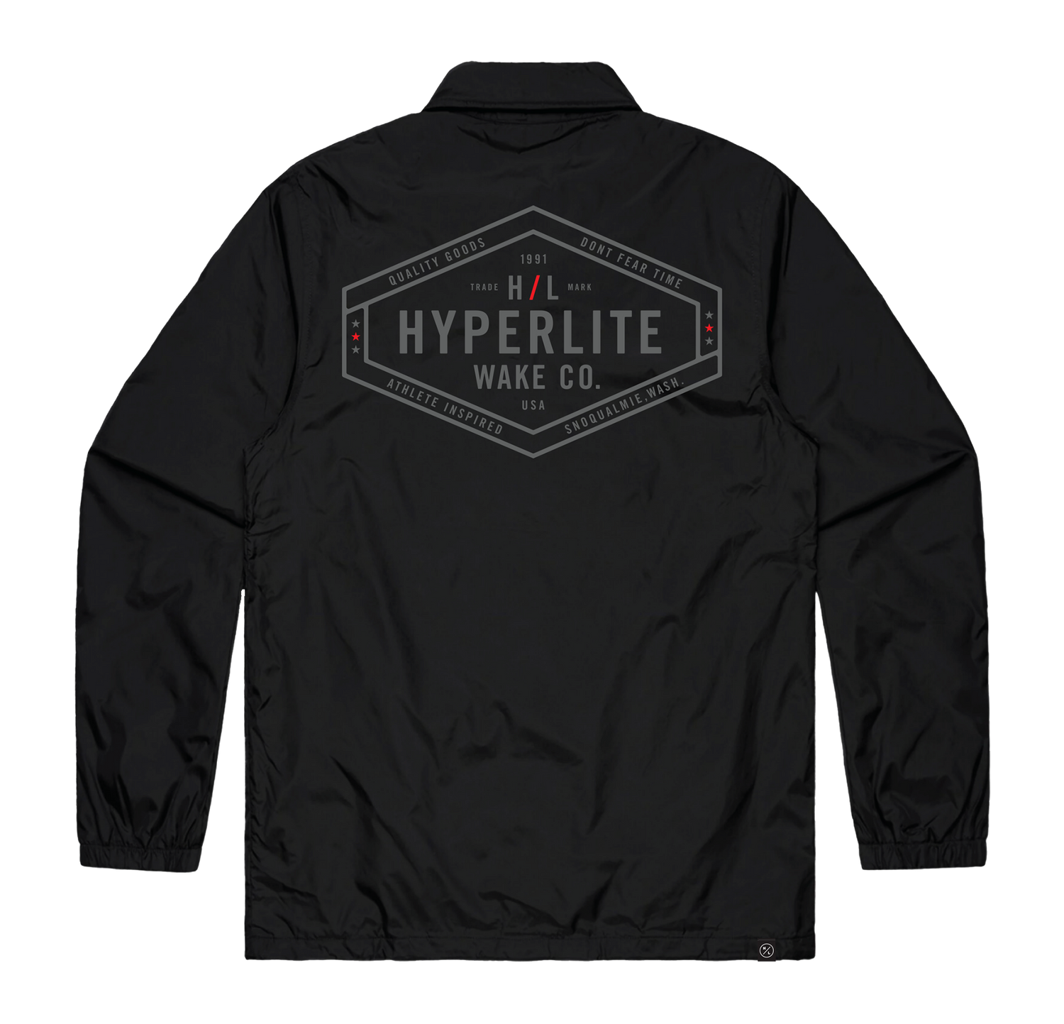 Back view of the black Riders Coach Jacket with bold geometric Hyperlite logo.