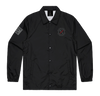 Front view of the black Riders Coach Jacket with chest patch and sleeve graphic.