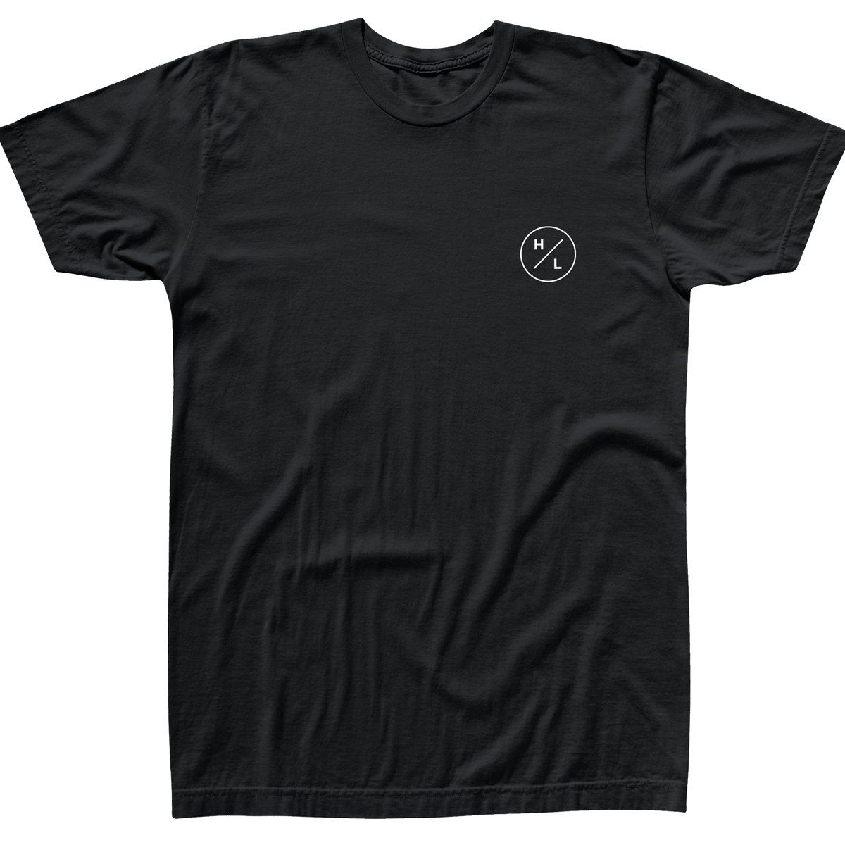 Front view of the black Shop T with a small white HL circle logo on the left chest.