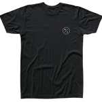 Front view of the black Shop T with a small white HL circle logo on the left chest.