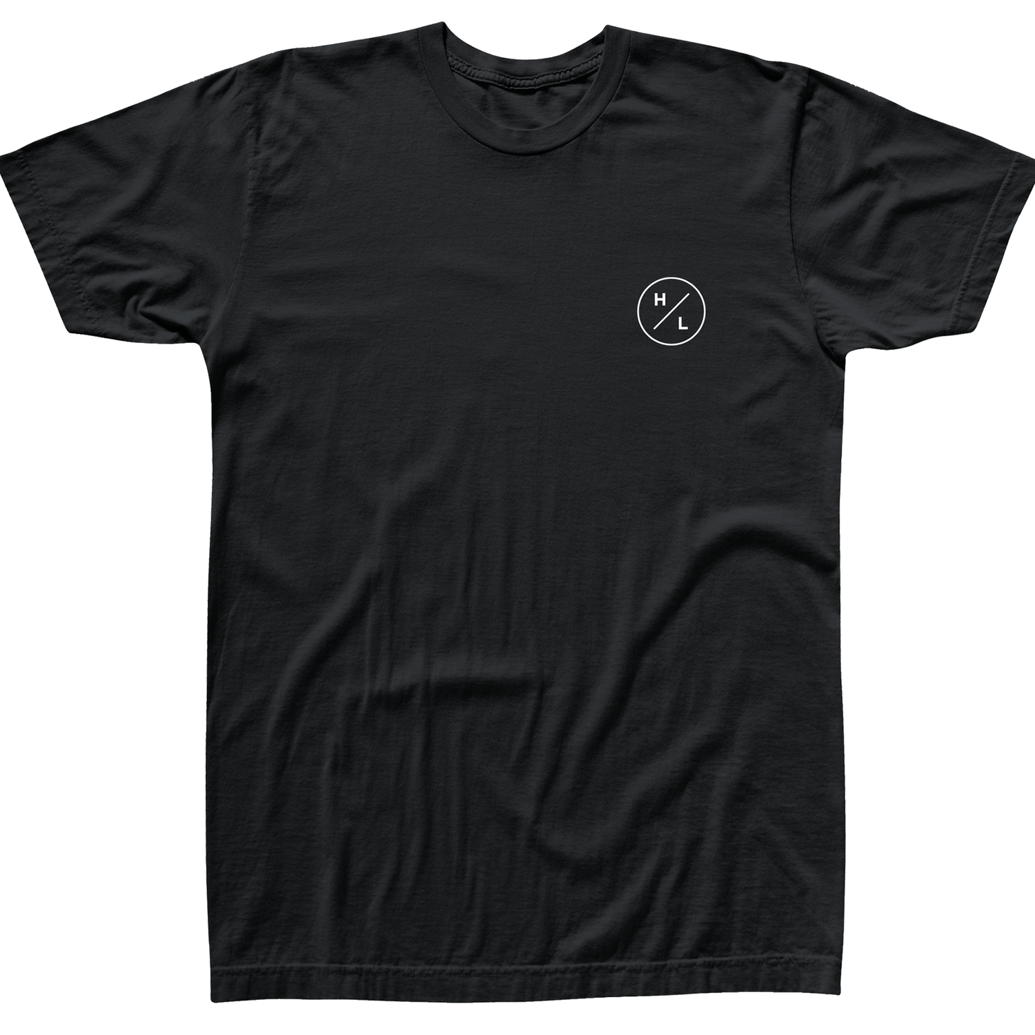 Front view of the black Shop T with a small white HL circle logo on the left chest.