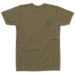 Front view of the olive Shop T with a small black HL circle logo on the left chest.