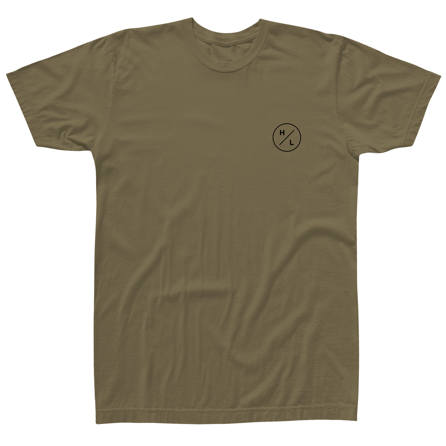 Front view of the olive Shop T with a small black HL circle logo on the left chest.