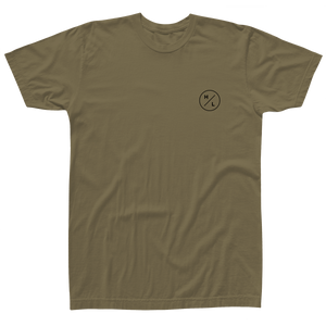Front view of the olive Shop T with a small black HL circle logo on the left chest.
