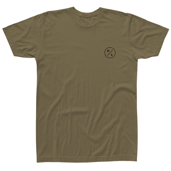 Front view of the olive Shop T with a small black HL circle logo on the left chest.