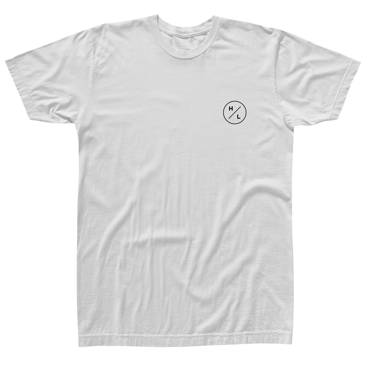 Front view of the white Shop T with a small black HL circle logo on the left chest.