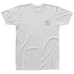 Front view of the white Shop T with a small black HL circle logo on the left chest.