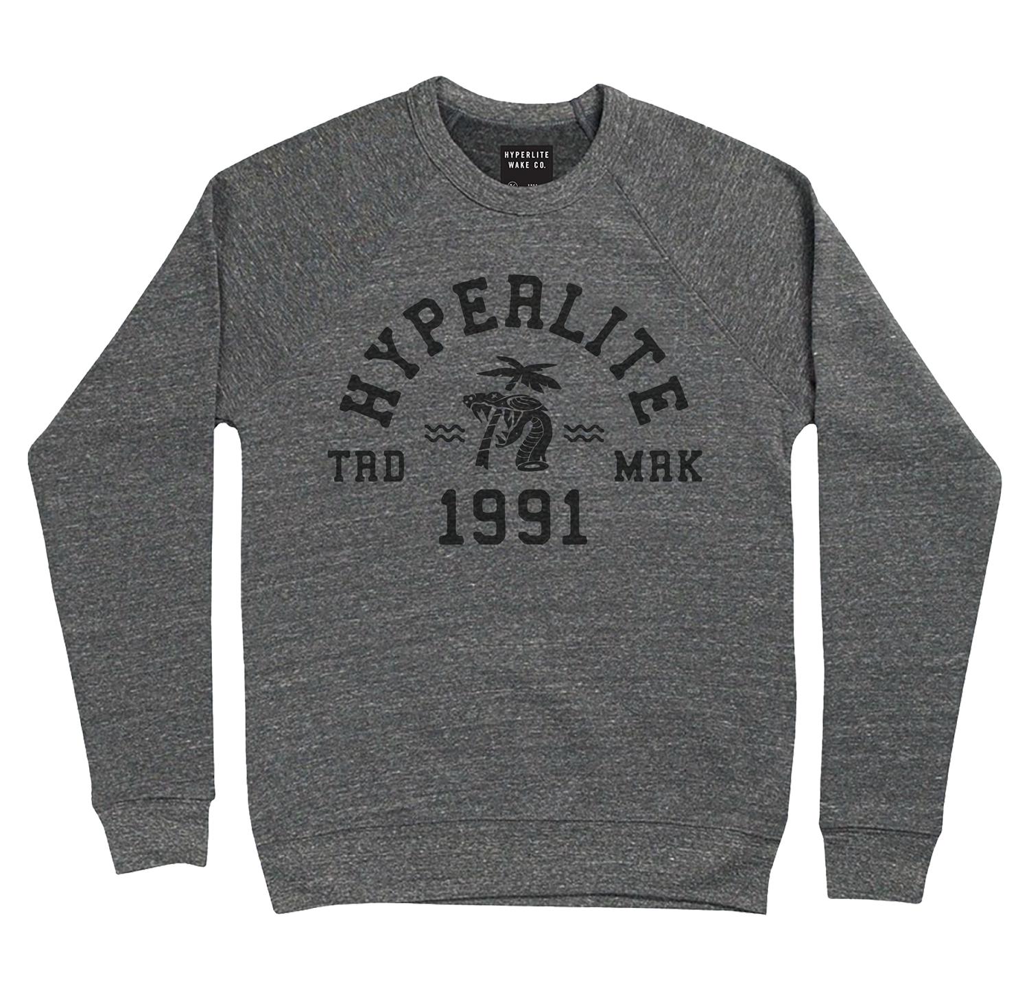 Grey crew neck sweatshirt with black Hyperlite logo saying trade mark 1991 with a snake biting a palm tree in the middle.