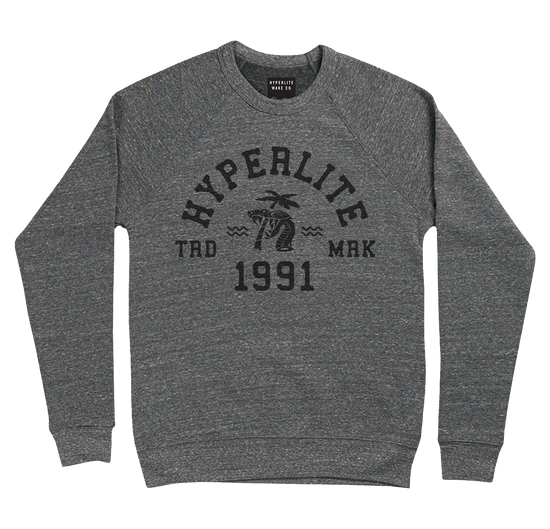 Grey crew neck sweatshirt with black Hyperlite logo saying trade mark 1991 with a snake biting a palm tree in the middle.