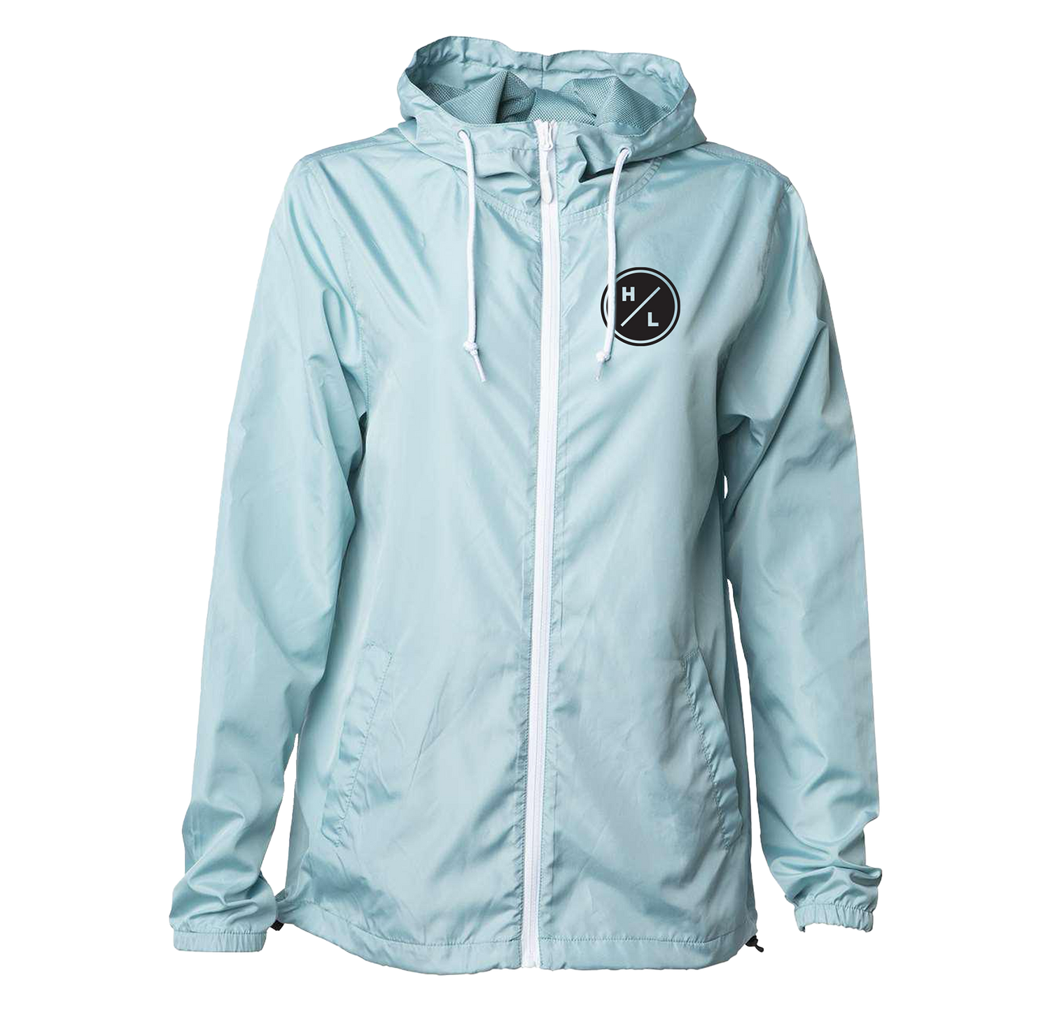 Front view of Skywalker Windbreaker in aqua with white zip and chest logo.