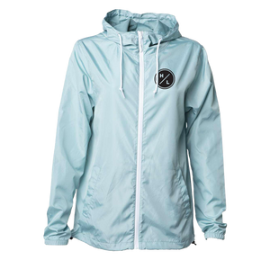 Front view of Skywalker Windbreaker in aqua with white zip and chest logo.