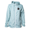 Front view of Skywalker Windbreaker in aqua with white zip and chest logo.