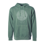 Front view of the Sunsetter Hoodie in alpine green with large chest logo and kangaroo pocket.