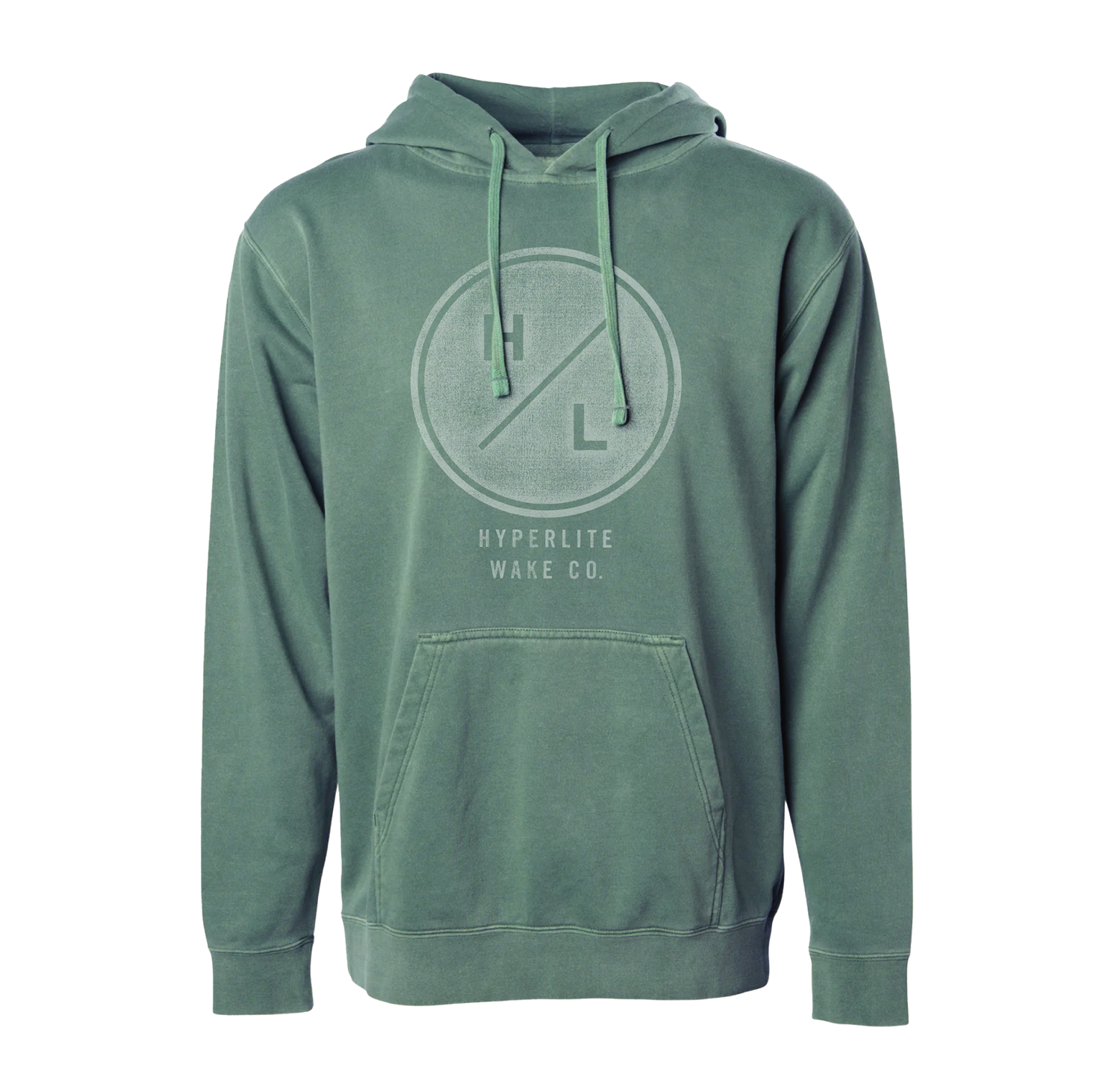 Front view of the Sunsetter Hoodie in alpine green with large chest logo and kangaroo pocket.