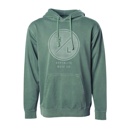 Front view of the Sunsetter Hoodie in alpine green with large chest logo and kangaroo pocket.