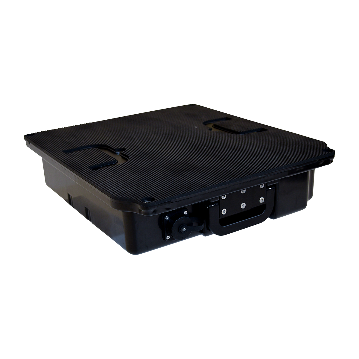 Angled view of Stratos Battery Pack showing handle, port, and power switch.