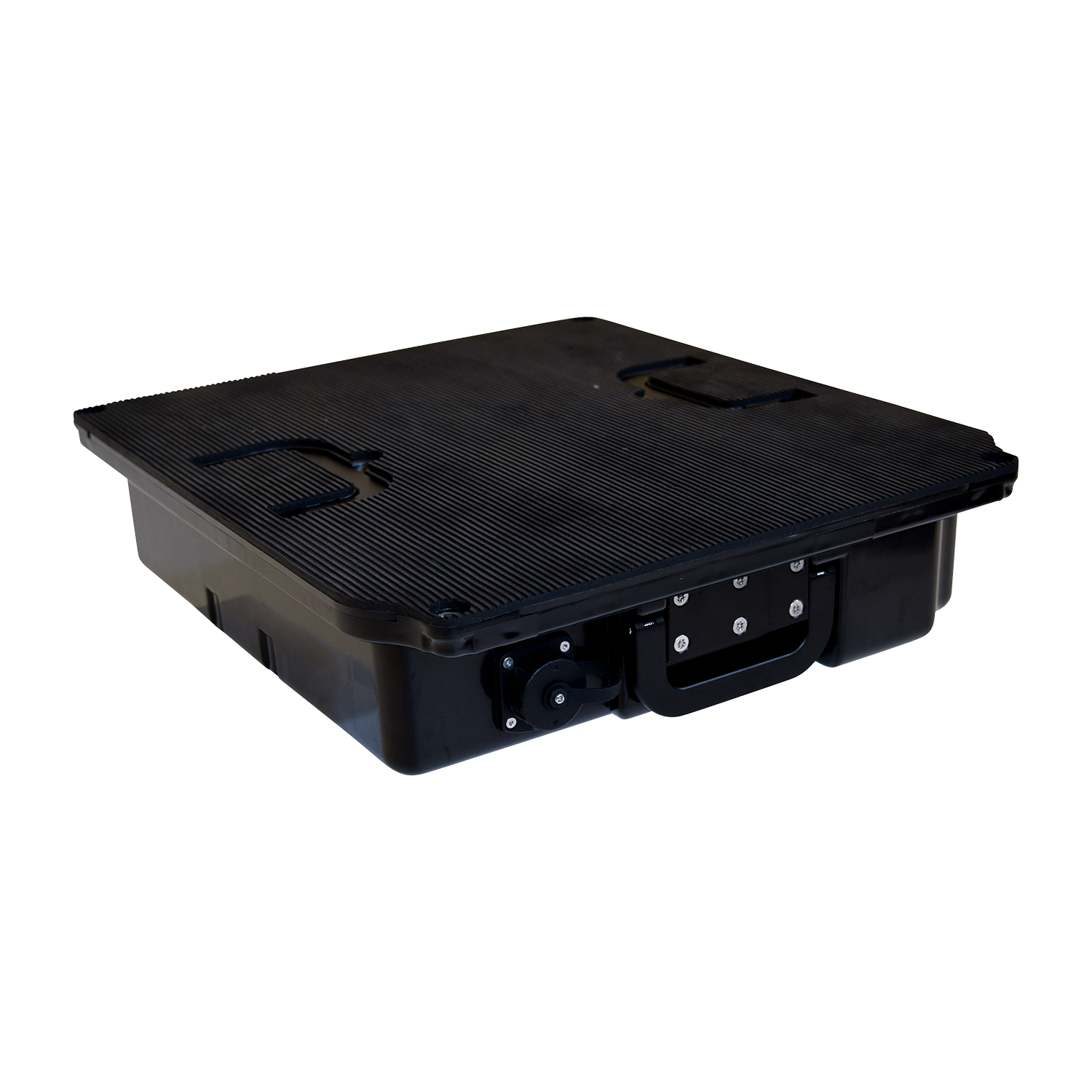 Angled view of Stratos Battery Pack showing handle, port, and power switch.