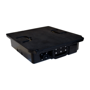 Angled view of Stratos Battery Pack showing handle, port, and power switch.