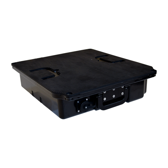 Angled view of Stratos Battery Pack showing handle, port, and power switch.