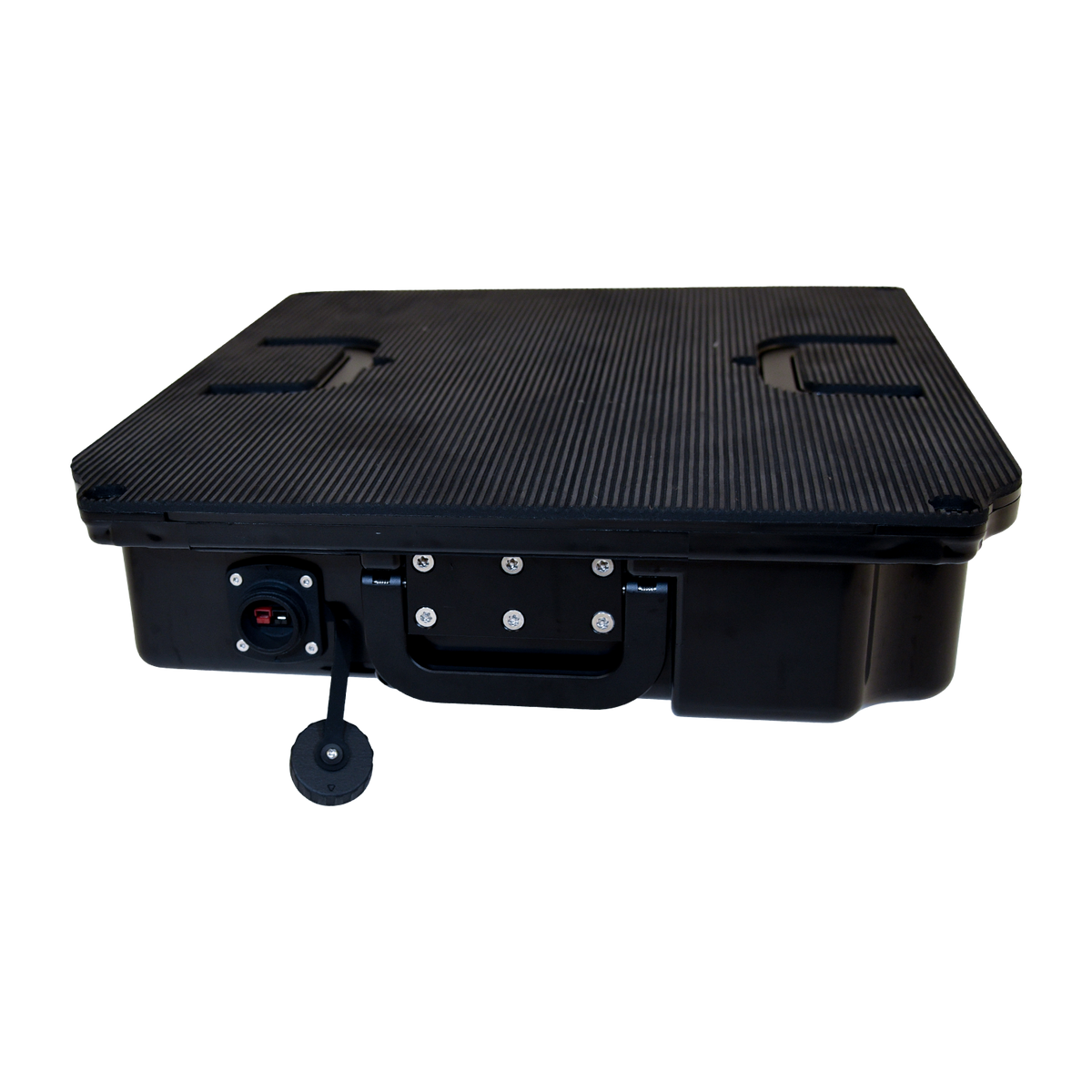 Front view of Stratos Battery Pack showing handle, port, and power switch.