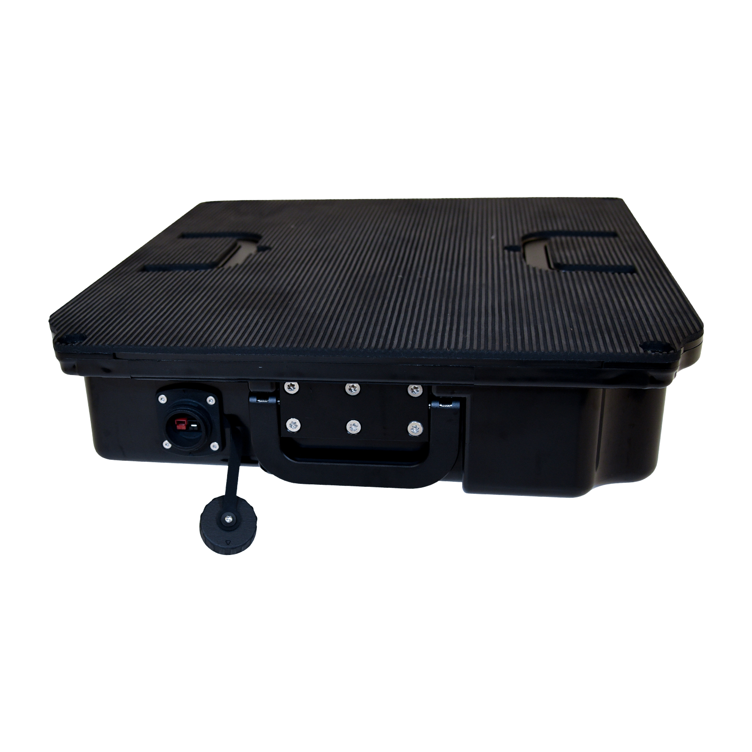Front view of Stratos Battery Pack showing handle, port, and power switch.