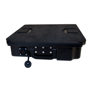 Front view of Stratos Battery Pack showing handle, port, and power switch.
