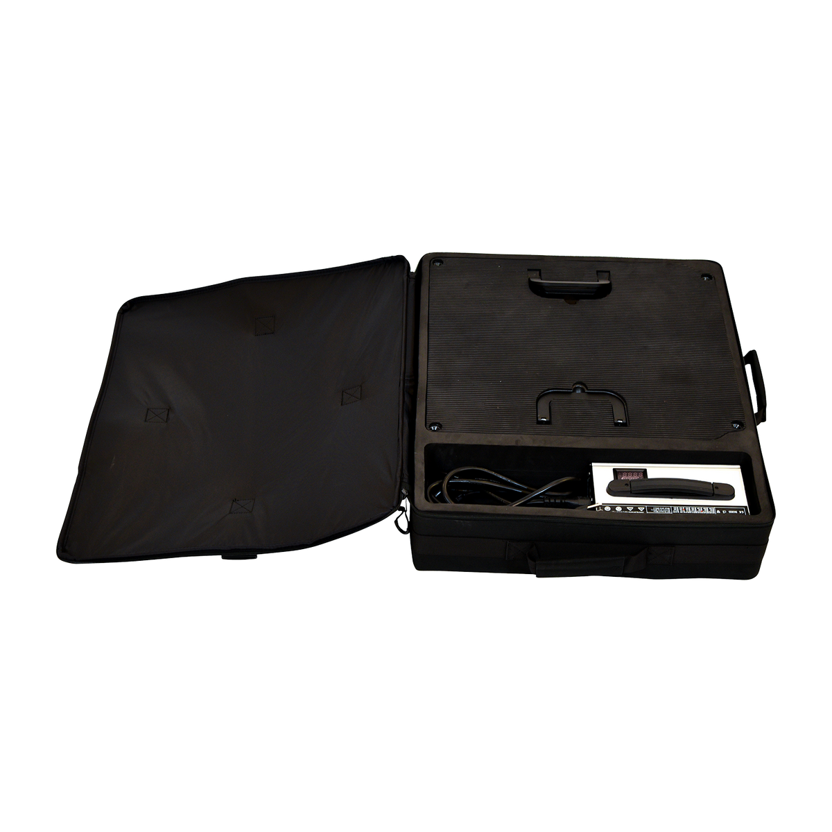 Open Stratos Battery Pack case showing charger, cable storage, and interior layout.