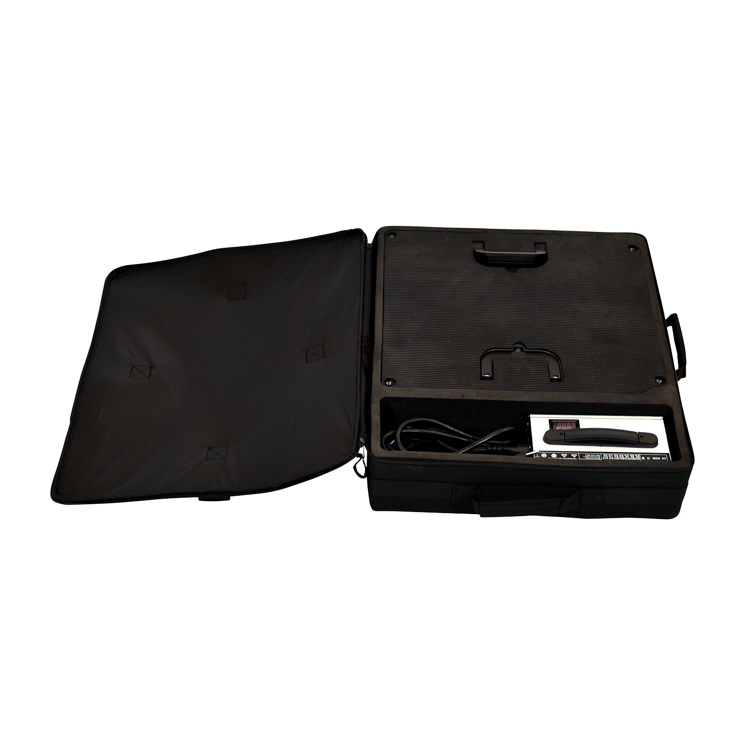 Open Stratos Battery Pack case showing charger, cable storage, and interior layout.