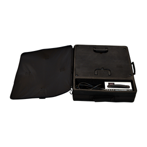 Open Stratos Battery Pack case showing charger, cable storage, and interior layout.