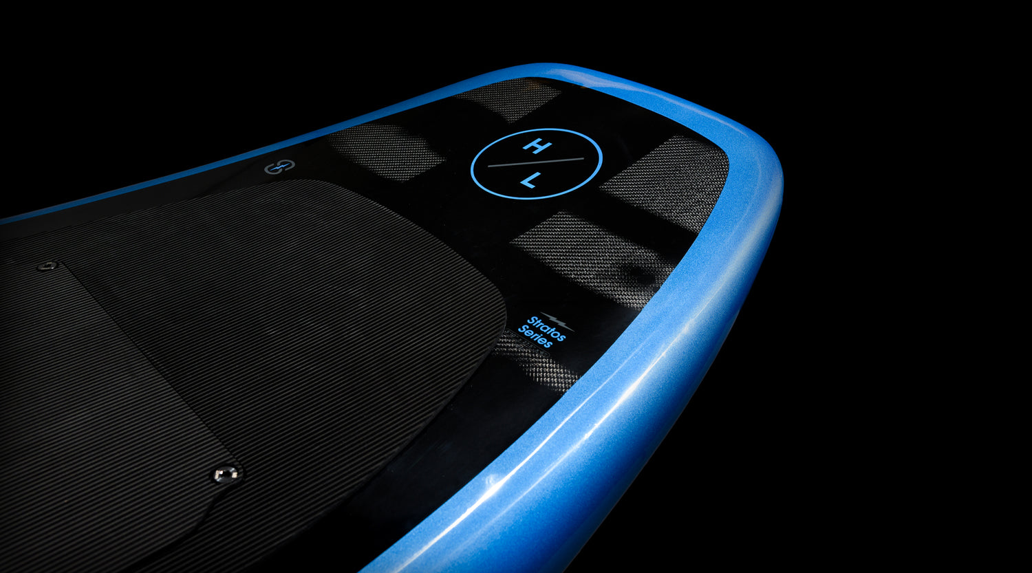 Angled view of Stratos Board 5.0 w/Foil highlighting blue nose and HL logo on top deck.