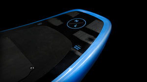 Angled view of Stratos Board 5.0 w/Foil highlighting blue nose and HL logo on top deck.