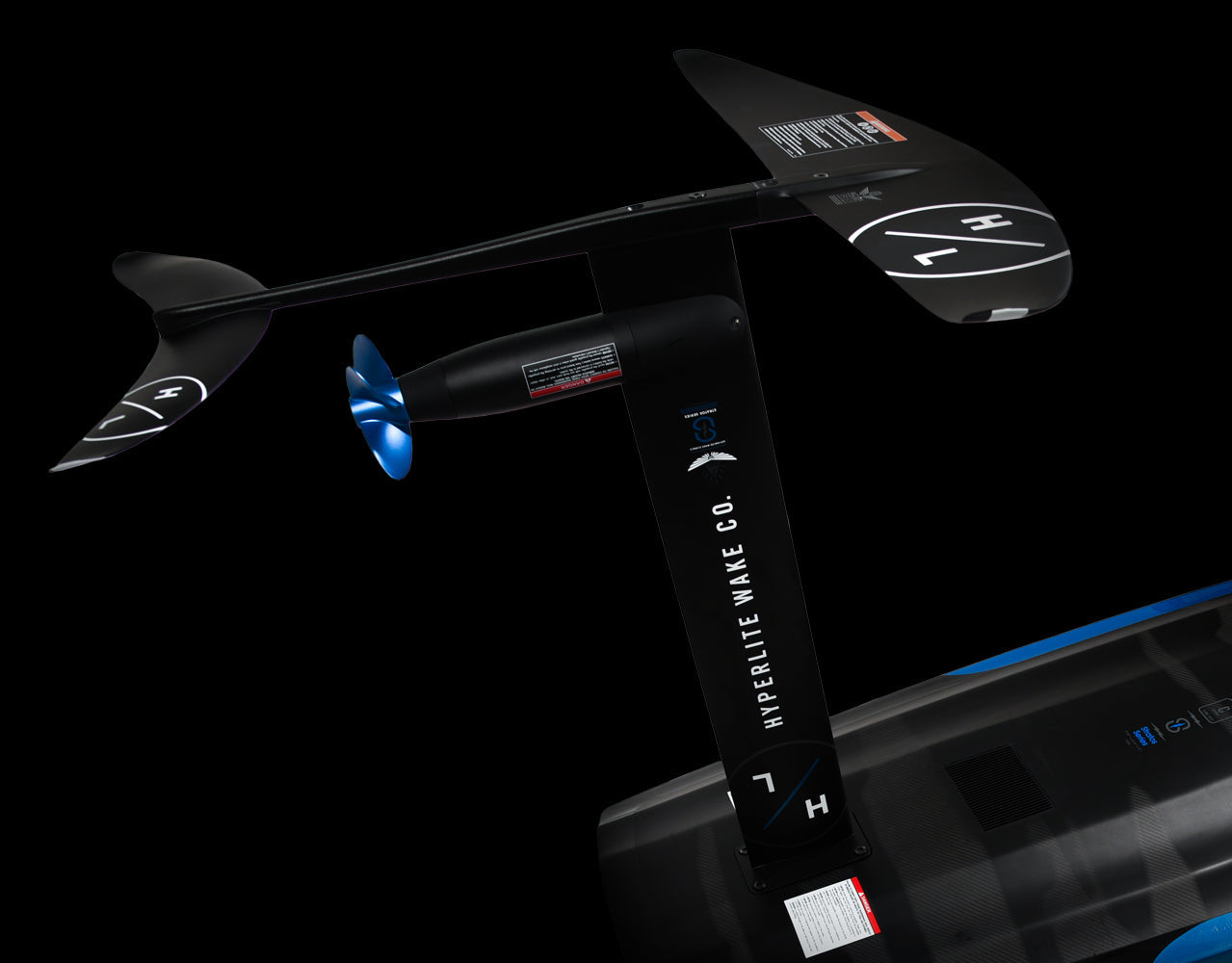 Underside view of Stratos Board 5.0 w/Foil showing foil wings and blue propeller detail.