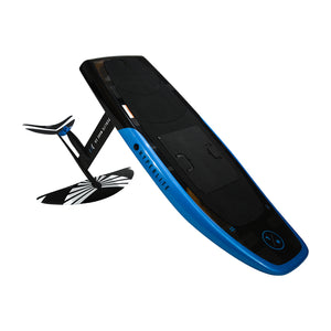 Top view of the Stratos e-foil board with black deck and blue trim, foil fully attached.