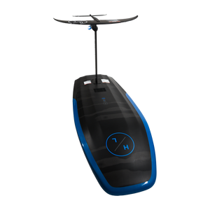 Angled bottom view of the Stratos e-foil showing battery compartment and mounted foil.