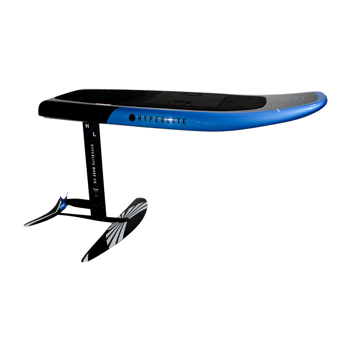 Side view of Stratos Board 5.0 w/Foil showing blue deck and black hydrofoil assembly.