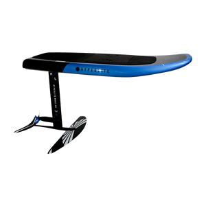 Side view of Stratos Board 5.0 w/Foil showing blue deck and black hydrofoil assembly.