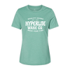 Front view of green womens t-shirt with a large white logo that states Quality Goods, EST 1991, Hyperlite Wake CO., Don't fear time on the center of the chest.
