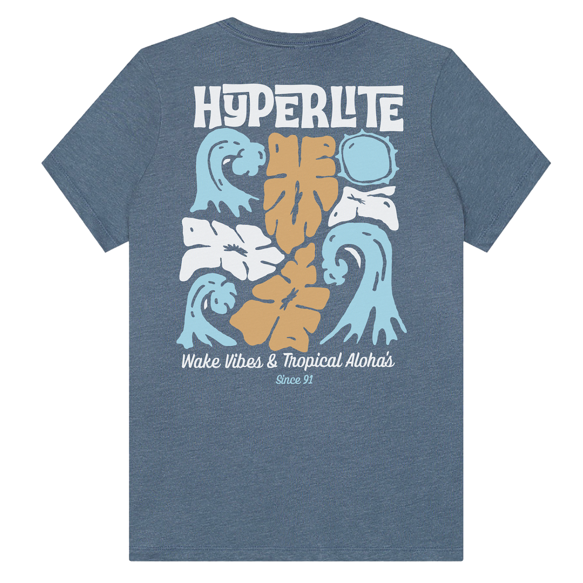 Back view of the Women's Tropics T with tropical floral and wave graphics and stylized text.