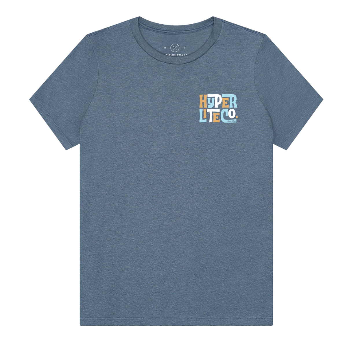 Front view of the Women's Tropics T in denim blue with a small multicolor chest logo.