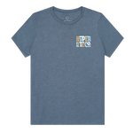 Front view of the Women's Tropics T in denim blue with a small multicolor chest logo.