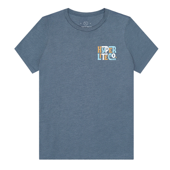 Front view of the Women's Tropics T in denim blue with a small multicolor chest logo.