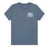 Front view of the Women's Tropics T in denim blue with a small multicolor chest logo.