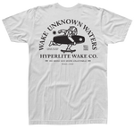 Rear view of a white t-shirt with large black logo that states wake unknown waters, pushing the sport farther & faster, REG. TRD. MRK, Hyperlite Wake Co. , we make H20 more enjoyable, wake x surf with an image an artistically drawn yeti skateboarding while carrying a Hyperlite wakeboard. 